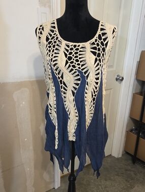 Vivid Importers Open Crochet Boho Tank Top Asymetrical Swim Coverup Festival 2X